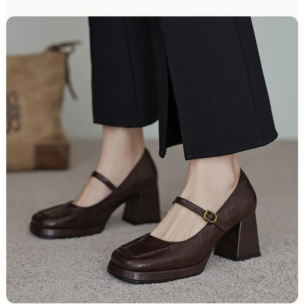 Women's Classic Genuine Leather Loafers Chunky Heel Square Toe Single Buckle Strap Solid Color - for Dating Walk & Casual