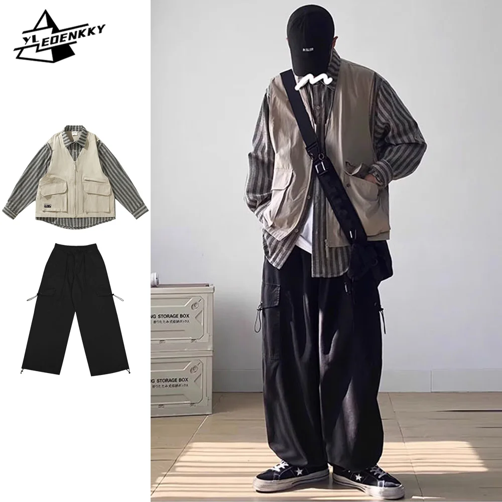 Spring Casual Sets Men Vintage Vest Patchwork Striped Shirts+Wide-legged Baggy Cargo Pants Fake Two Long-sleeved Tops Male Suit