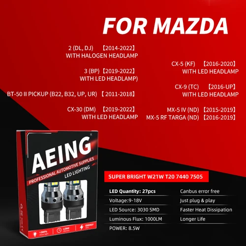 Imagen 2 del producto 2 uds coche W21/5W LED Blub luz de circulación diurna W21W 7443 7440 DRL para Mazda 2 DL DJ 3 BP BT-50 CX-30 CX-5 KF CX-9 MX-5 RF Targa