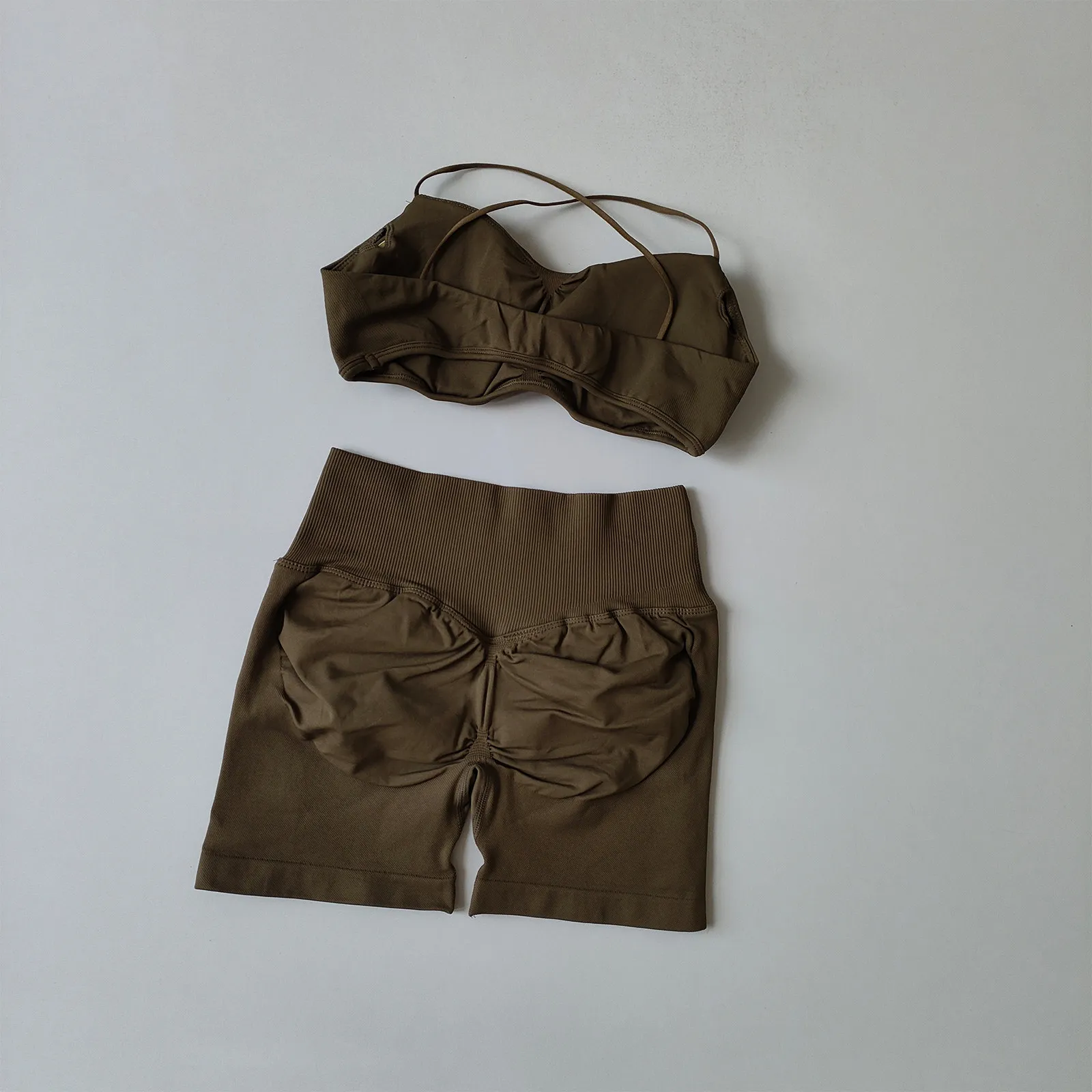2-teiliges Yoga-Gym-Set für Damen, Sport-BH mit V-Ausschnitt vorne, Crop-Top, nahtlose Shorts, Fitnesskleidung, Sportbekleidung, Workout-BH-Set – Detail 10