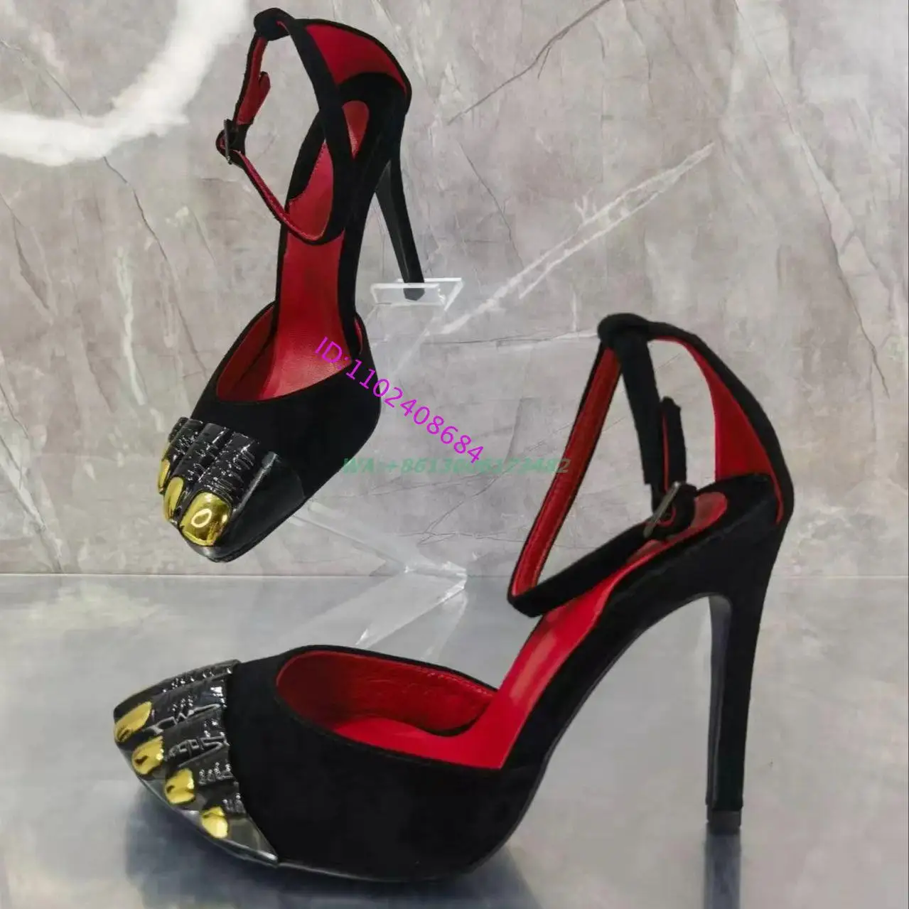 Design Women Gold Fingers High Heel Sandals Sexy Lady High Heel Summer Gold Fingers Closed Toe Buckle Sandals Plus Size 43