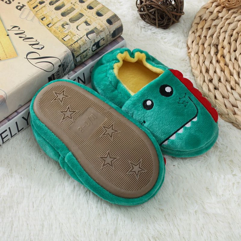 Toddler Boys Slippers for Winter Baby Loafers Plush Warm Cartoon Dinosaur Rubber Sole Child Home Shoes Kid House Indoor Footwear