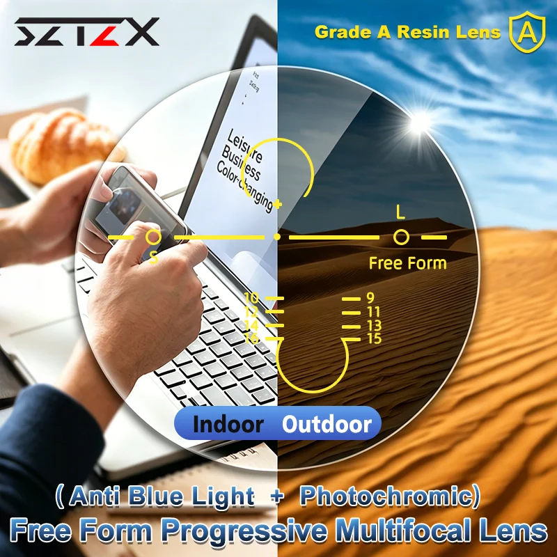 

SZTZX Free Form Multifocal Photochromic Anti Blue Ray Lenses 1.56 1.61 1.67 1.74 Multifunctional Progressive Prescription Lens