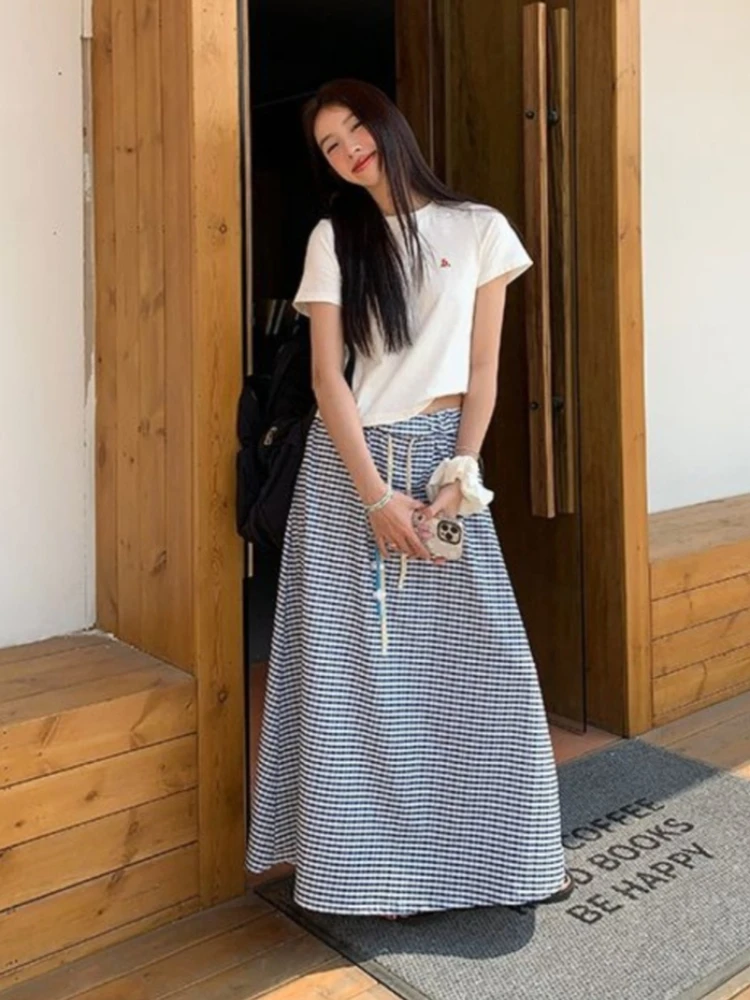 

Deeptown Korean Style Plaid Skirt Women Vintage Harajuku Loose A-line Long Skirt Summer Casual High Waist Drawstring Maxi Skirt