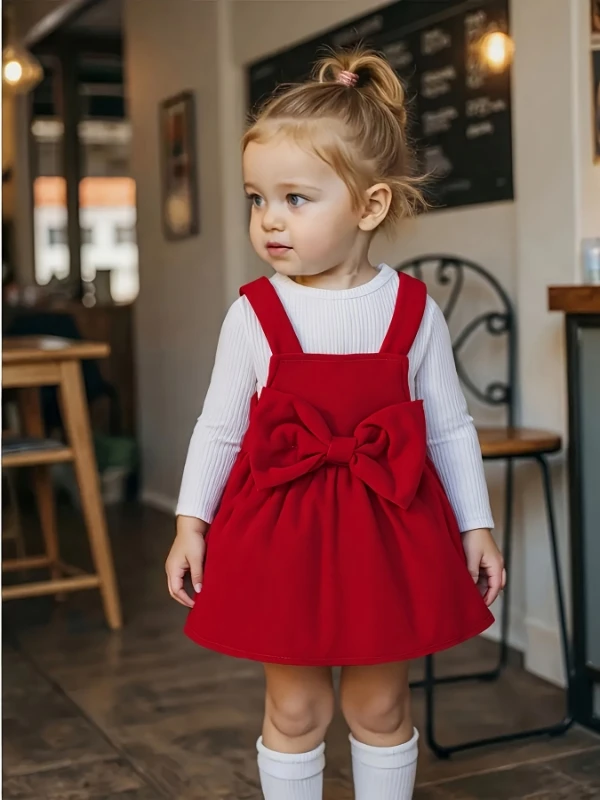 

Весенне-осенний треугольный комбинезон с круглым вырезом и длинными рукавами для маленьких девочек, красное бархатное платье с узлом-бабочкой на бретельках, повседневный комплект из двух предметов