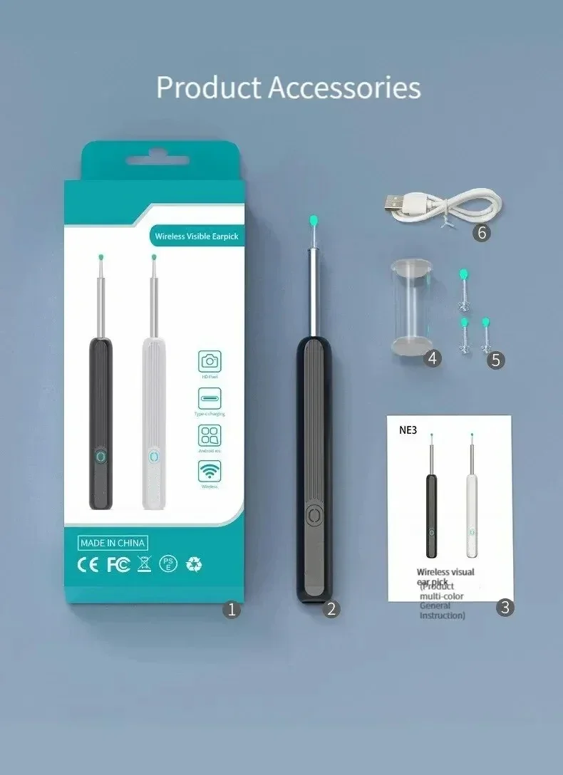 TINSOL Smart HD Visueller Ohrenreiniger 1080P Ohrenschmalz-Entferner Otoskop USB-C Wiederaufladbares Endoskop Ohrenschmalz-Reinigungswerkzeug Gesundheitspflegeset – Detail 16