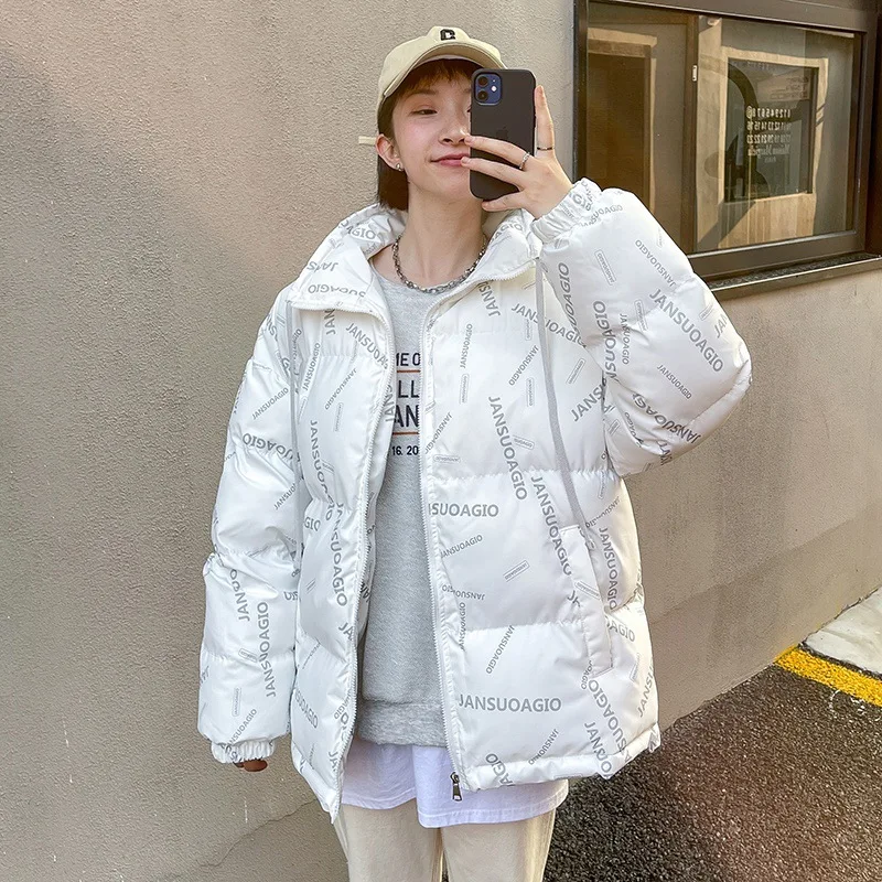 Traje de algodón con cuello de pie para mujer, abrigo holgado de estilo universitario con letras cortas, versión coreana, Otoño e Invierno