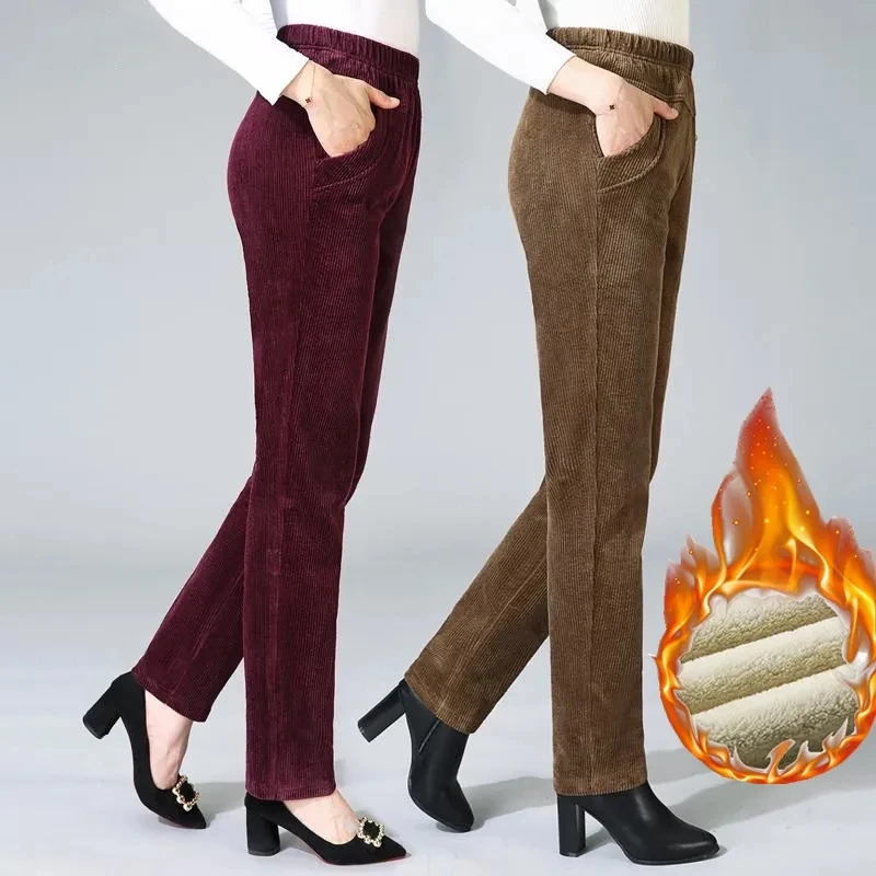 Imagem -02 - Calça de Veludo Elástico de Cintura Alta Feminina Casual com Neve Calça Grossa Quente Bottoms de Senhora do Escritório Mais Veludo Marrom Inverno