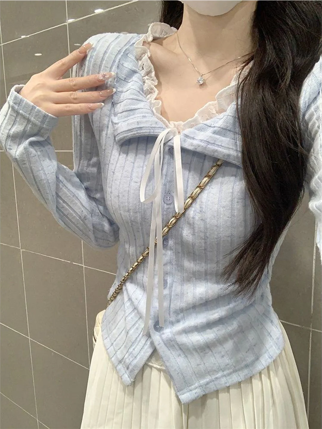 

Korean Style Long Sleeve T-Shirt Women's Blue V-Neck Lace Knot Fake Two-Piece Top Breathable Comfortable Daily Wear