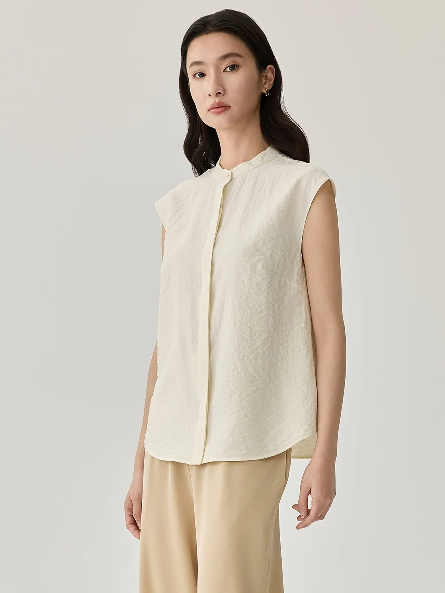 Birdtree, 80% Silk 20% Nylon T shirt, O-neck Soft Basics Tops, Women Sleeveless Shirt, Single Breasted, 2026 Spring New T62225JF