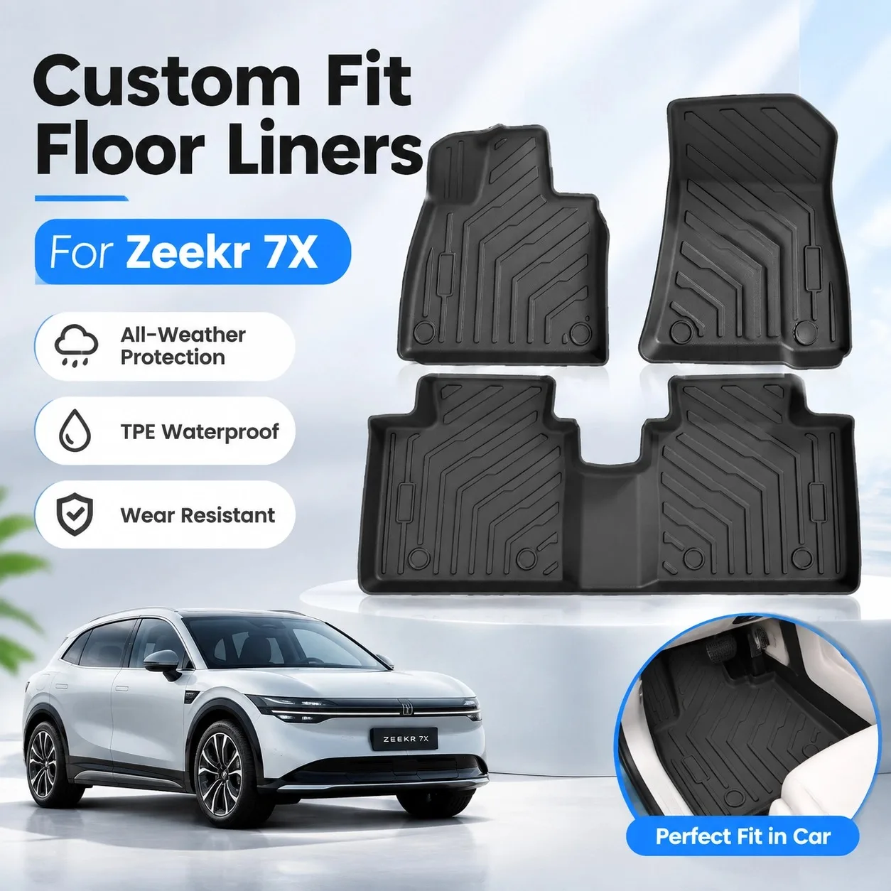 Tapis de sol en caoutchouc TPE haute résistance pour Zeekr 7X 2024‑2025, moulés sur mesure, toutes saisons, antidérapants, imperméables, ensemble complet de protections de sol pour voiture, coussinets de pieds