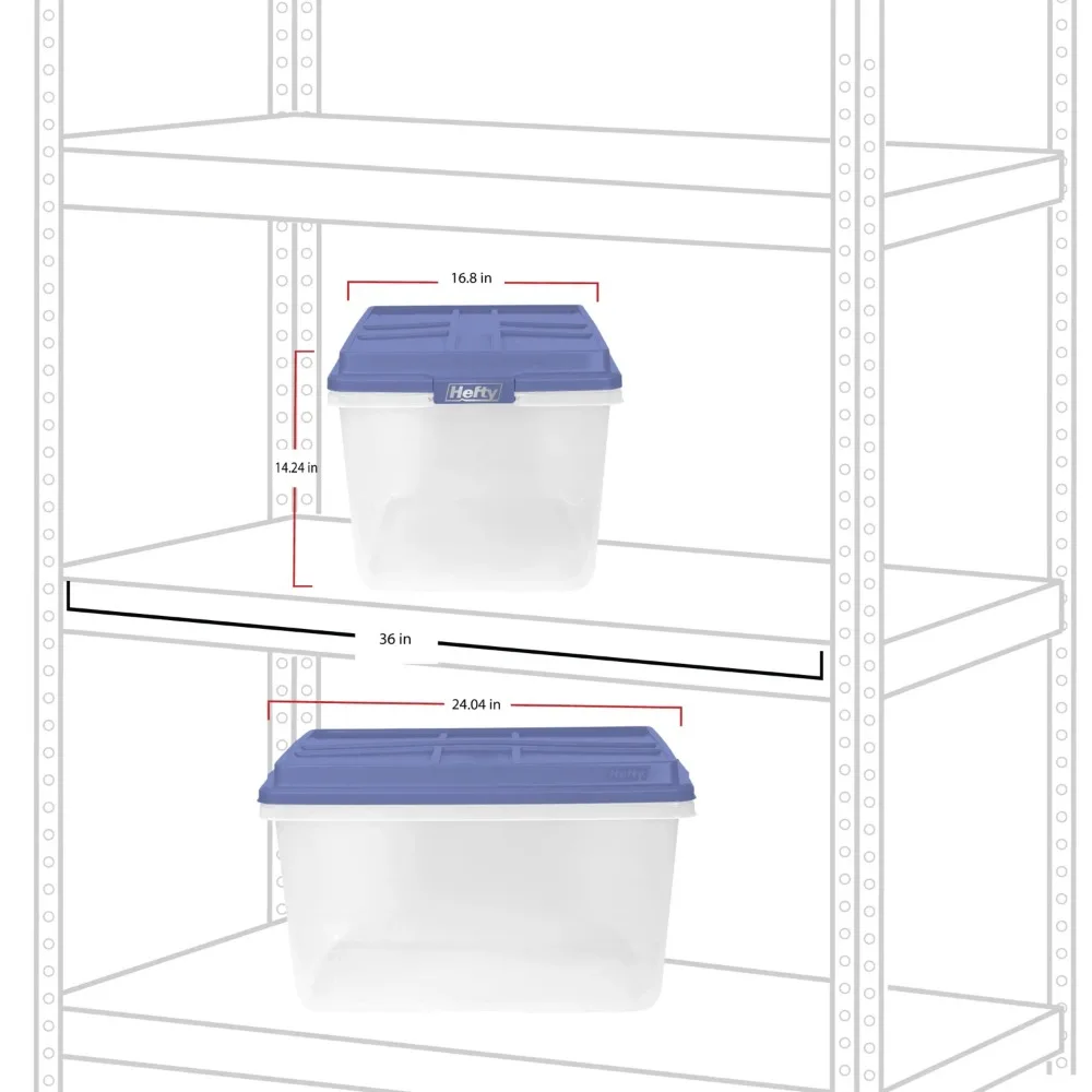 青い高層蓋付きの透明なプラスチック製収納ビン、大きな安全なラッチ、蓋を閉じたままにする、大人用ビン、72クォート