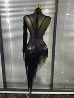 Black Red Women Sexy One Shoulder Shinning Crystal Sequins Tassels Bodycon Mid-calf Dress Nightclub Party Bar Dancer Costumes - Image 4
