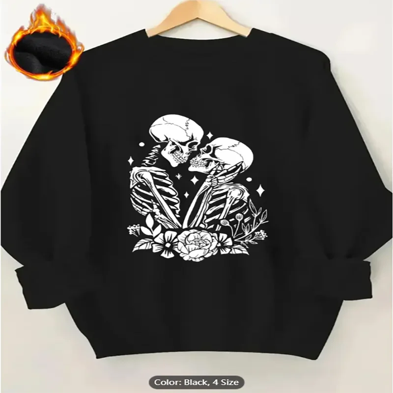 Womens Sweatshirt Skeleton Couple Floral Graphic Print Fleece Lined Casual Oversized Pullover Top for Edgy Style Lovers Cotton
