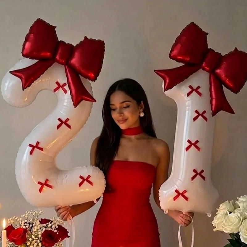 7-teiliges Set 40 Zoll Weiße Zahlen 0-9 Folienballons Matt-Rot 3D-Band Erwachsenen 21. Geburtstag Prinzessin Luxus-Party-Deko Foto-Requisiten