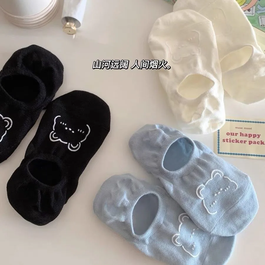5pairsCute Bear Socks for Women Non Slip Boat Socks Low Cut Short Socks Spring Summer