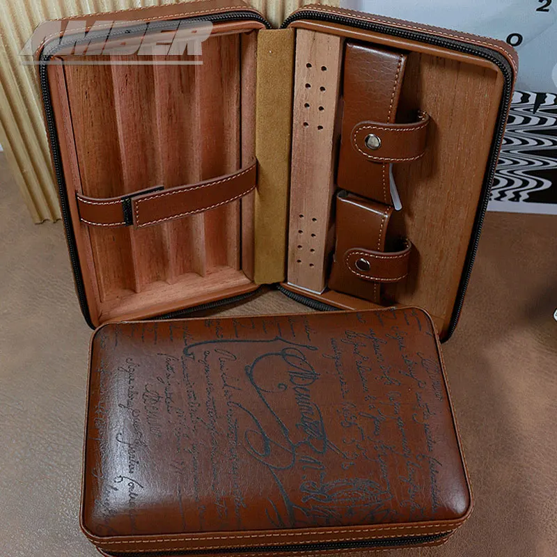 

Cigar Case 4- cigars tubes Leather Travel Portable Humidor with Cedar Wood Lined with Stainless Steel Cigars Cutter