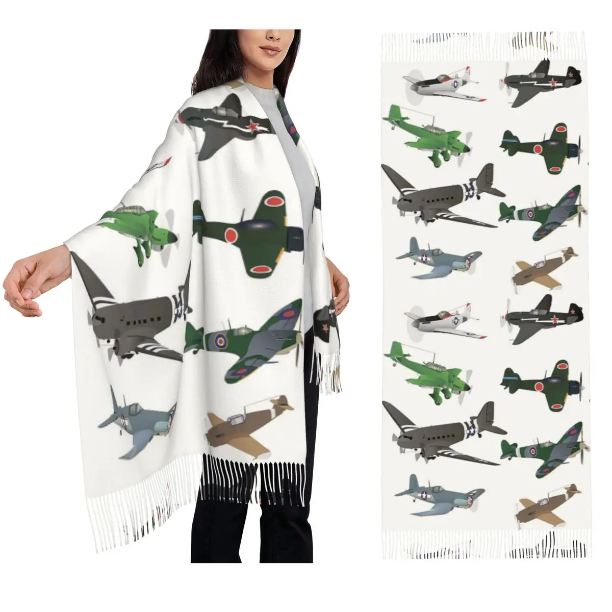 

Multiple WW2 Airplanes Scarf Tassel Scarves for Women Soft Warm Shawls and Wraps Long Fall Winter Shawl Wrap