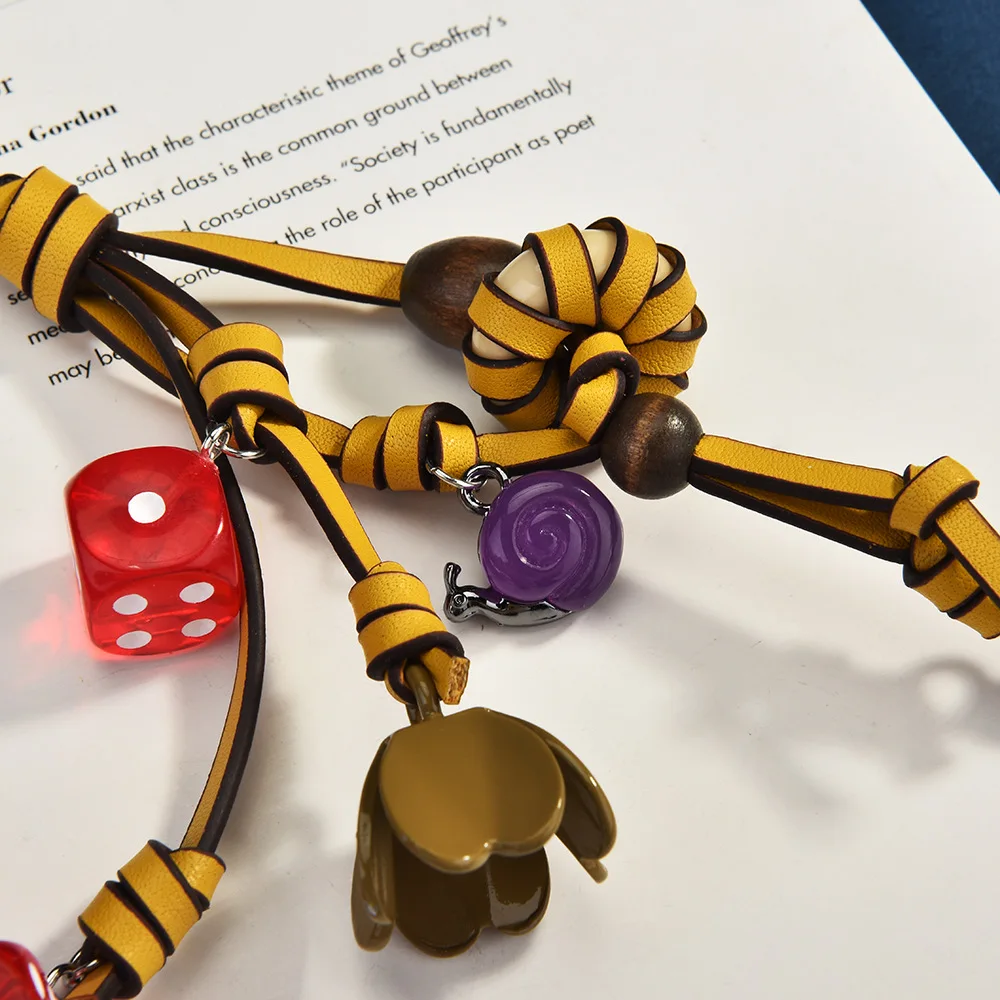 Tri Color Woven Rope Leather Dice Mixed Bag Decoration Creative Fashion Car Keychain Accessories