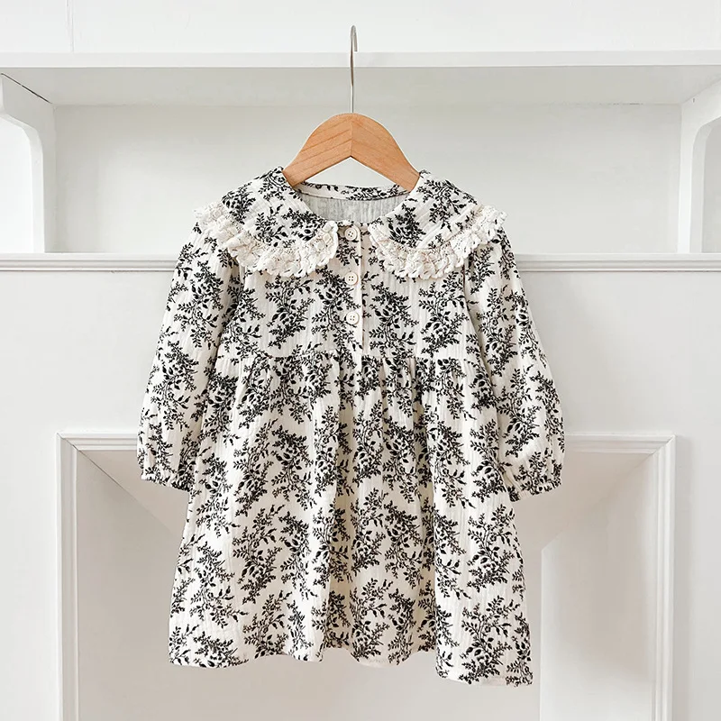

Spring Baby Floral Romper Onesie Girl Lace Trim Collar Long Sleeve Toddler Dress Sister Matching Cotton