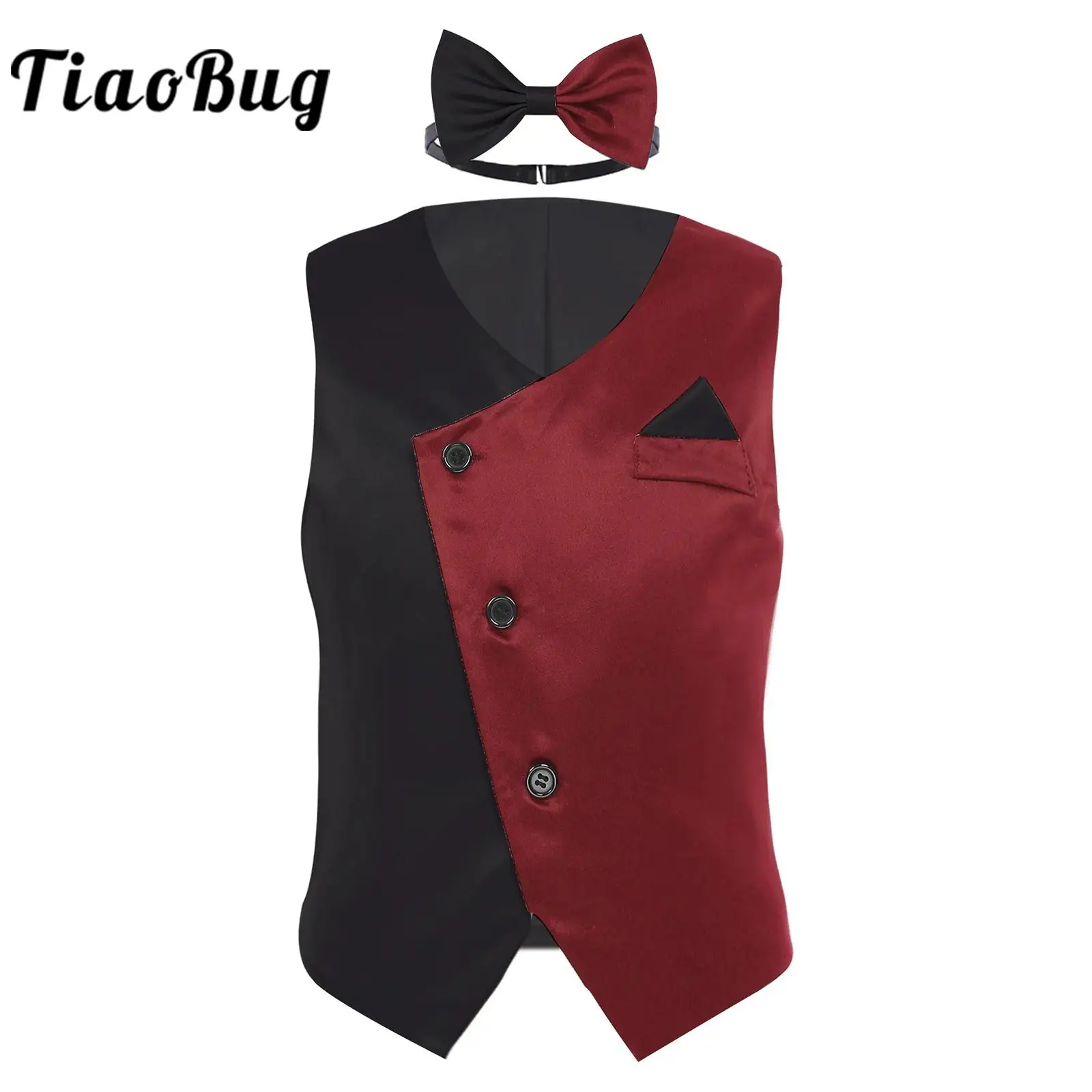 Toddler Infant Baby Boys Attire Color Block Satin Vest Waistcoat Bow Tie Vests for Birthday Party Wedding Flower Boy's Clothes