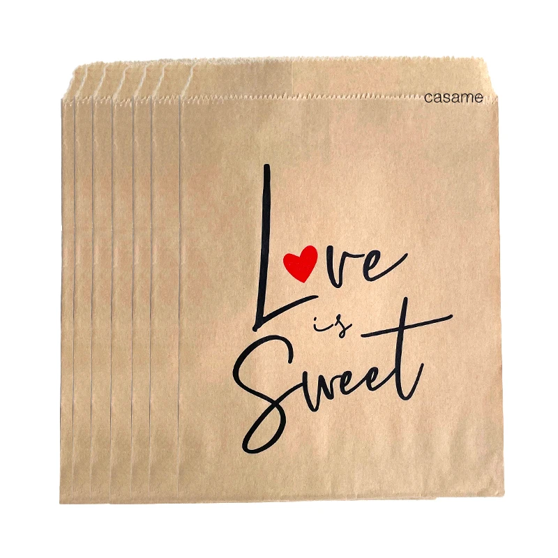 25 Stück 13 x 18 cm „Love is Sweet“ Papier-Geschenktüten, Kraft-Geschenktüten für Hochzeiten, Valentinstag, Brautpartys, kleine Dankeschön