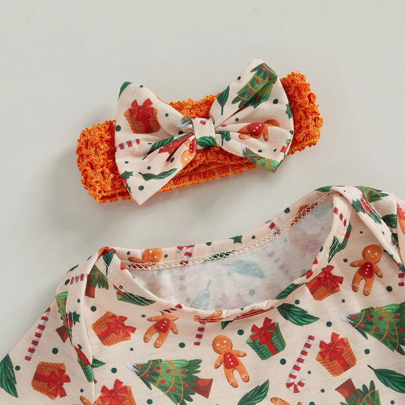 Baby Girls 2Pcs Christmas Outfits Long Sleeve Gingerbread Print Romper Dress Headband Set Newborn Clothes image 2