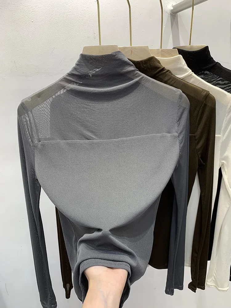 

Korean Fashion Women Tshirt Semi High Neck Lace Base Shirt Solid Color Mesh Chiffon Long Sleeve Autumn Winter Classic Trendy