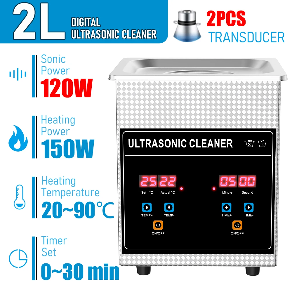 Ultrasonic Cleaner Bath 2L 60W/120W with Stainless Basket Heater Timer Digital Display Diswasher Ultrasound Home Appliances