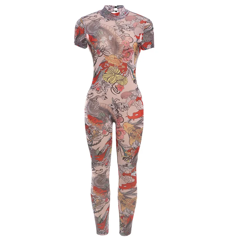 Women Backless See Through Jumpsuit Dragon Print Short Sleeve Fitness Activity Workout Overalls Slim Stretch Clubwear