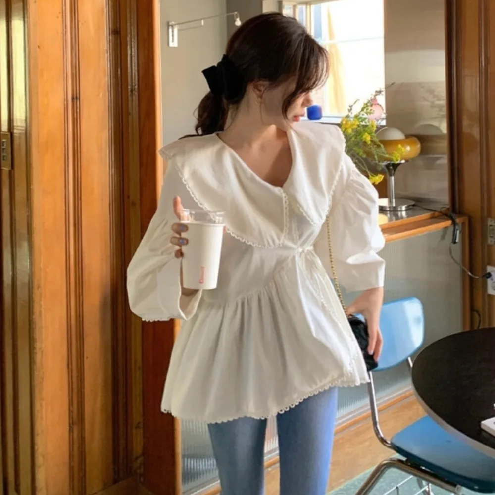 Sweet White Bandage Blouse for Women Spring Summer Slim Waist Shirts Lantern Sleeve Peter Pan Collar Tops Female 2024