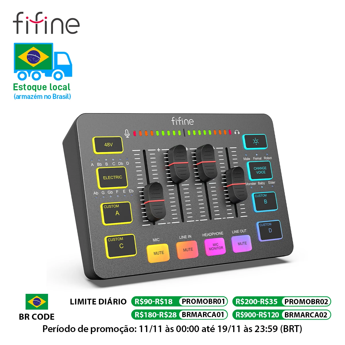 Mikser do hier z USB FIFINE z interfejsem mikrofon XLR, zasilanie Phantom 48V, RGB, karta dźwiękowa do podcastingu AmpliGame SC3