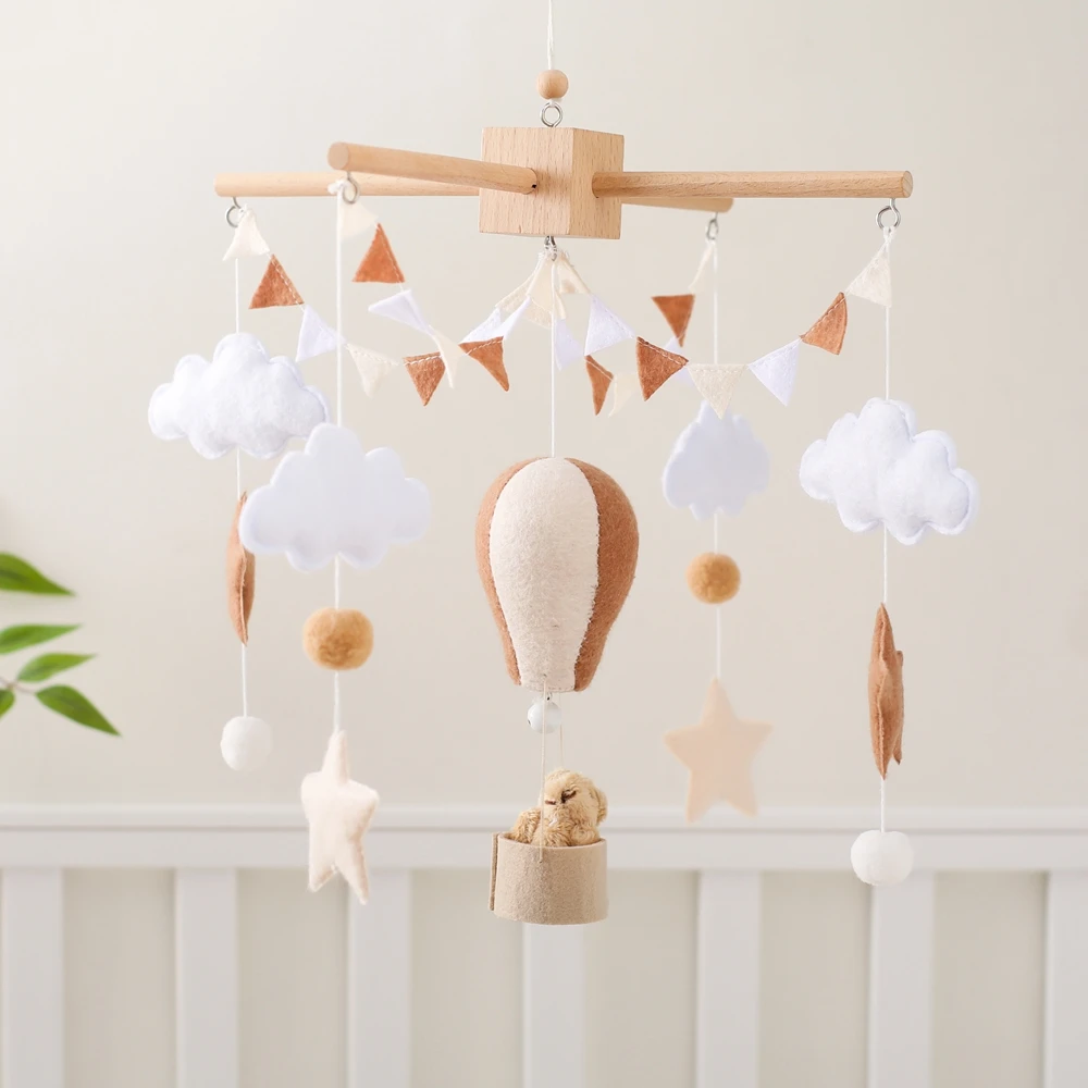 ทารกแรกเกิดไม้ Rattles ของเล่นเด็กทารก Crib Mobile Bed Bell Soft Felt บอลลูนร้อนทารกแรกเกิดเพลง Bed Bell แขวนของเล่น Crib Bracket