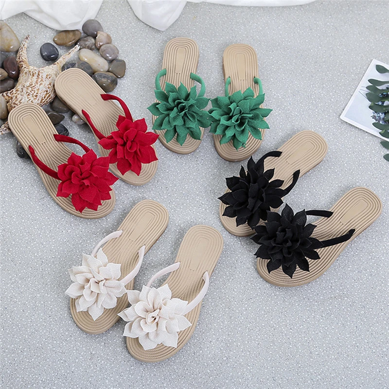 Fashion Women Flip Flops Casual Flower Slippers Ladies Slip on Shoes Female Slides Beach Sandals Flat Slippers for Women Black