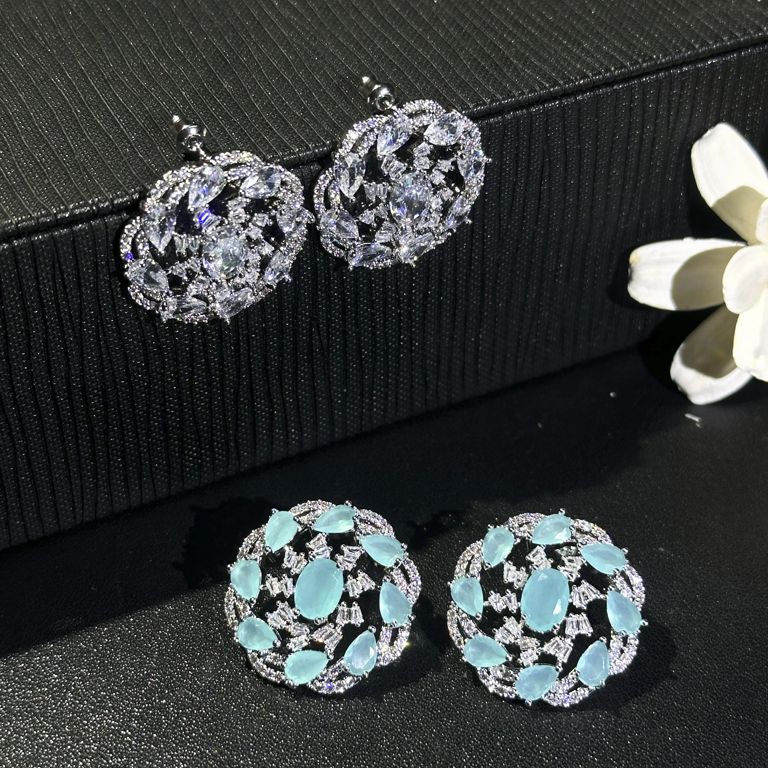 Round Floral Turquoise Tone CZ Statement Stud Earrings, Oval & Pear Gemstone Pave Baguette Crystal Hollow Earrings For Bridal