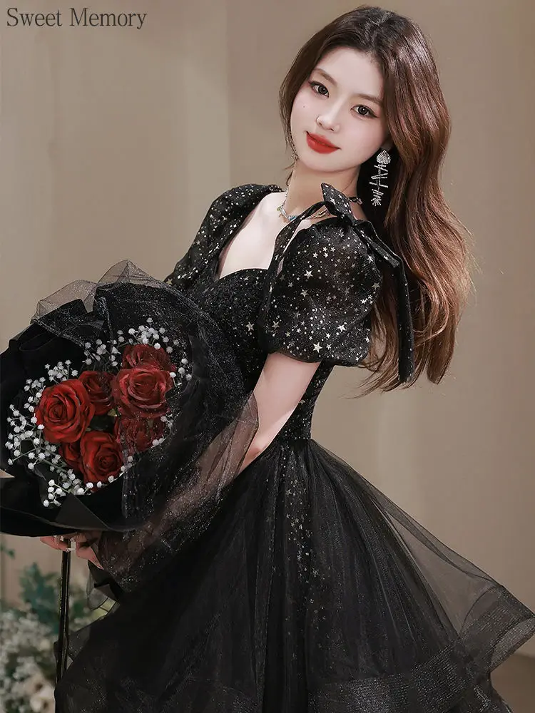 Sweet Memory Black Dress Evening Party Dresses Female Vintage Mesh Floor-Length Short Puff Sleeve Ball Gown Prom Dress