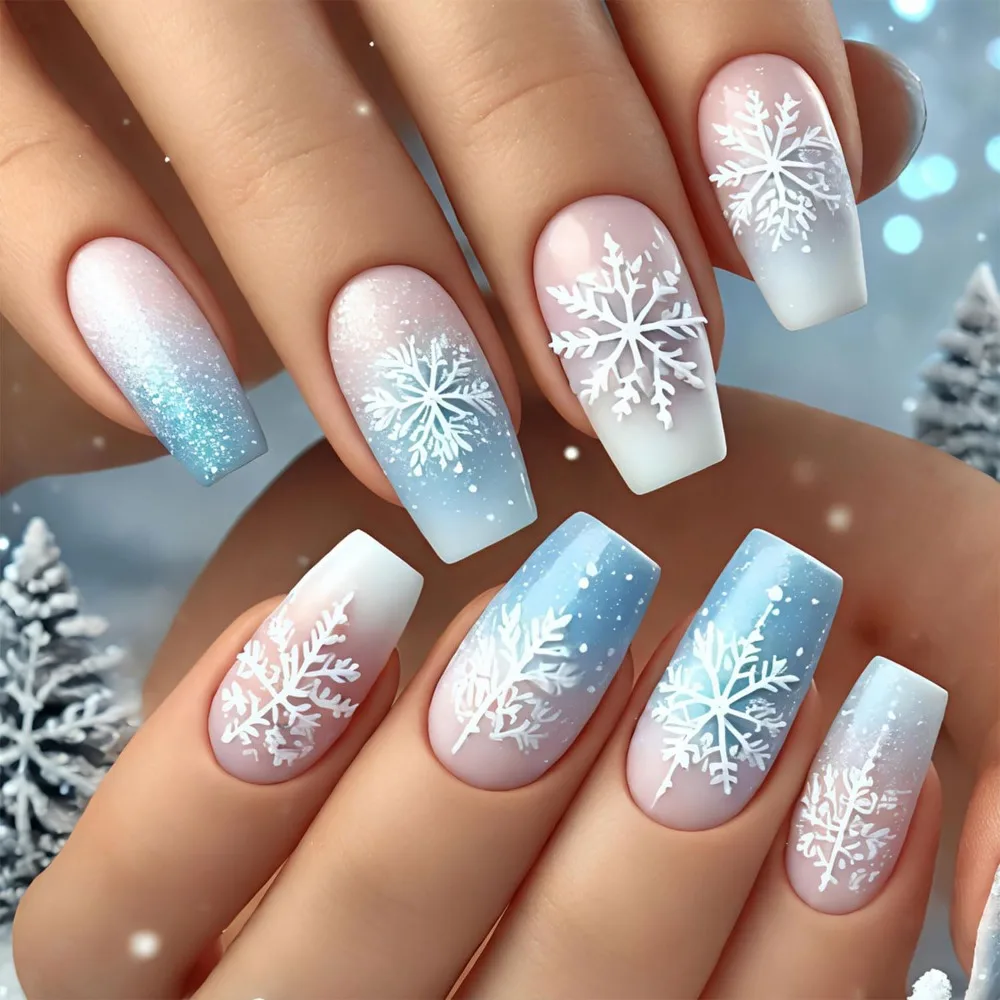 24pcs Medium Square Gradient Press-On Nails with Snowflakes for Women's Holiday Stick-On Nails