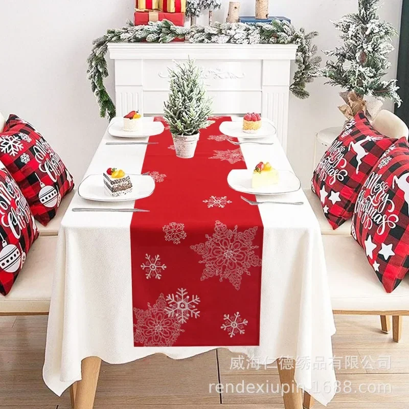 White Snowflake Embroidered Christmas Table Flag Snowman Dining Table Decoration Cloth Cover