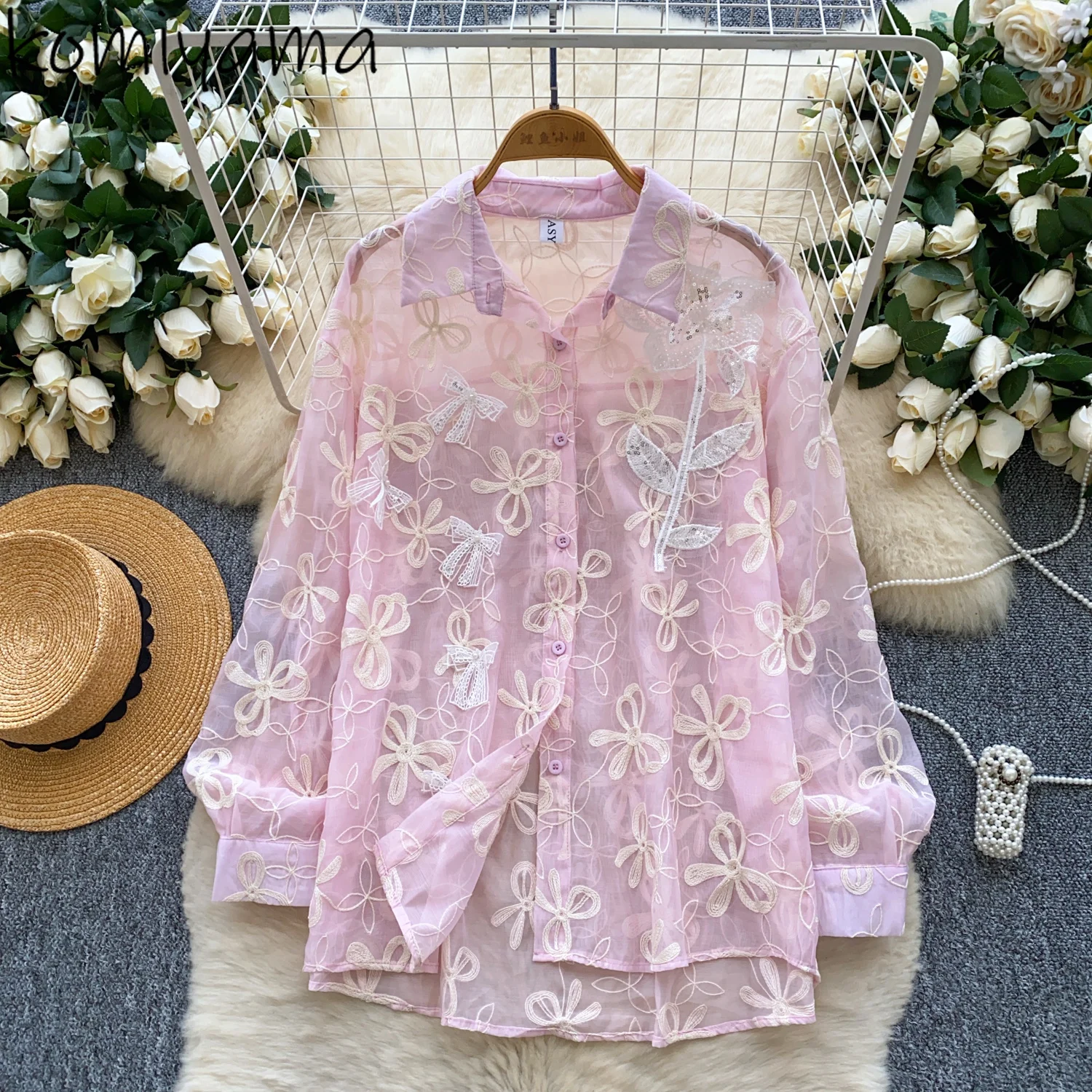 

Beads Embroidery Mesh 2025 Shirts & Blouses Korean Fashion Bow Ropa De Mujer Loose Blusas Long Sleeve Camisas Woman Clothing