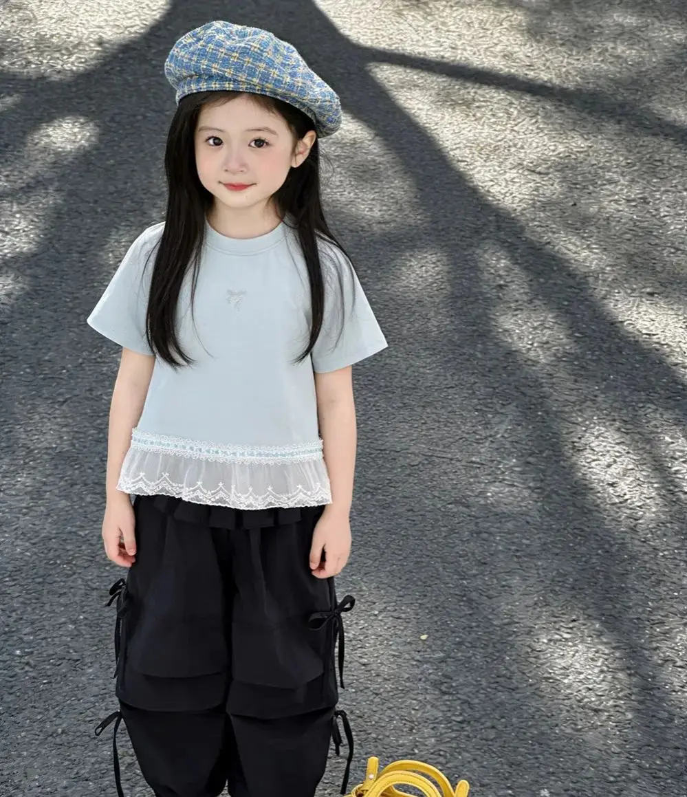 

summer kids girl clothes baby t-shirt Ballet-style lace-spliced T-shirt Fashionable and sweet short-sleeved T-shirt