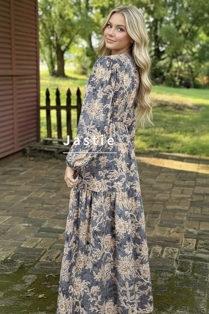 Vestido largo floral vintage para mujer, manga larga abombada, cuello en V, cintura ahumada, vestido de playa con gradas, vestidos de vacaciones bohemios informales fluidos
