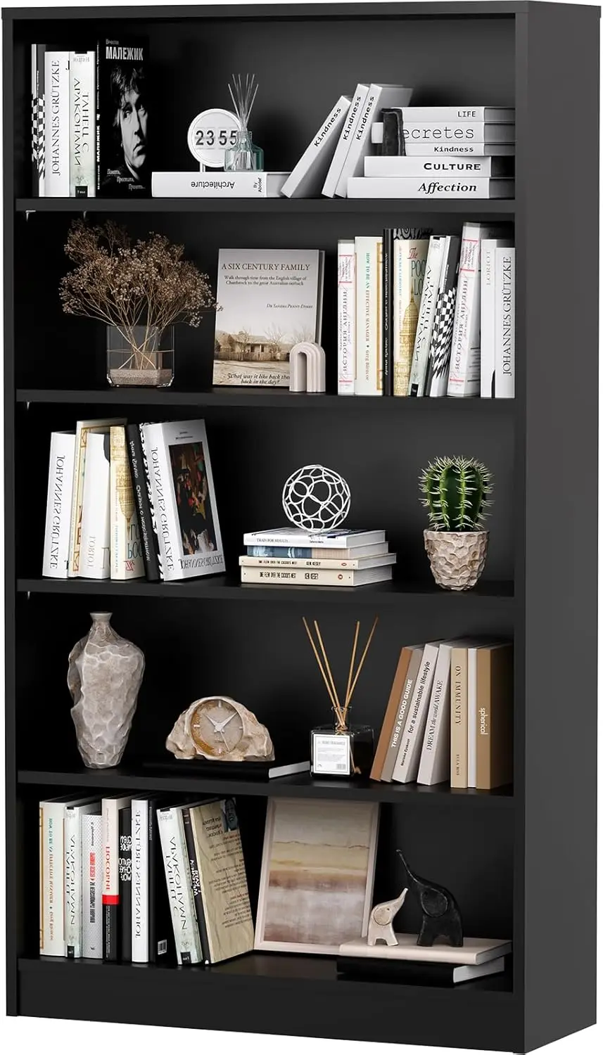 5 Shelf Bookcase,60 Inch Wood Tall Bookshelves for Living Room,Black