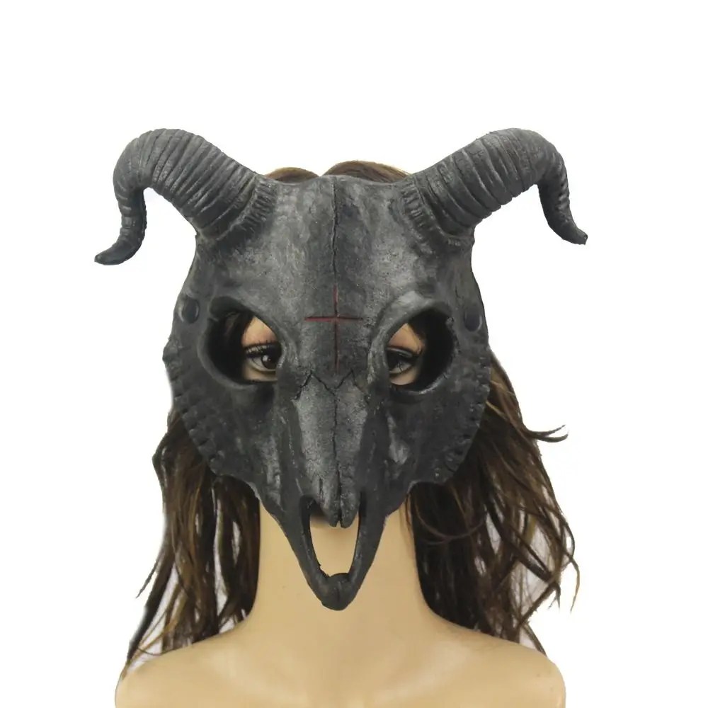 Funny Halloween Goat Horn Mask PU Full Face Bloody Skull Mask Antelope Headwear Costume Props