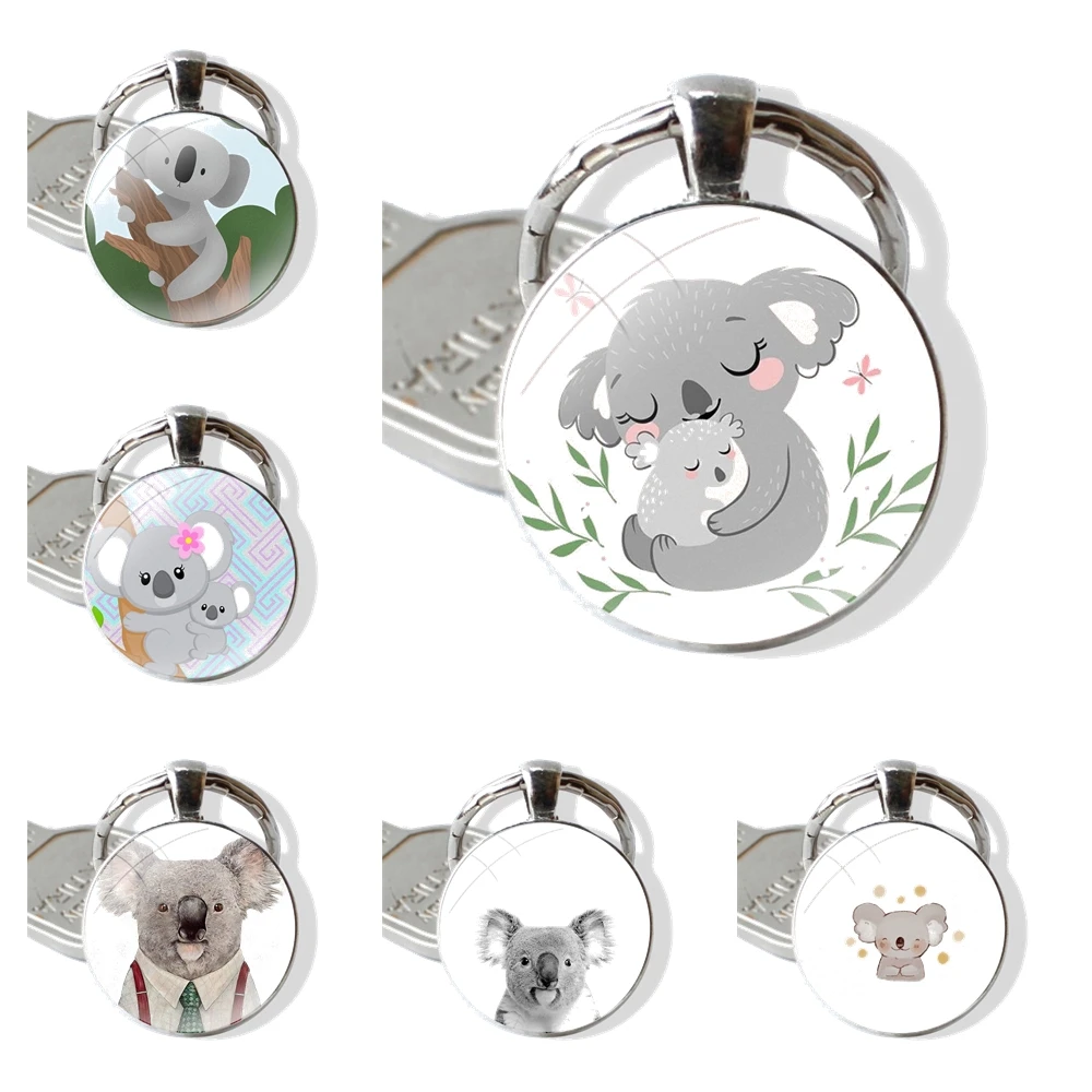 Animal Sleeping Lazy Koala Glass Metal Pendant Key Chain Classic Men Women Key Ring Accessories Jewelry Gifts