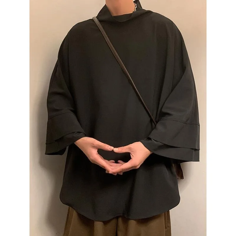 Men New Chinese Style Mock Neck Ice Silk T Shirt Loose Drop Shoulder Irregular Hem Casual Top
