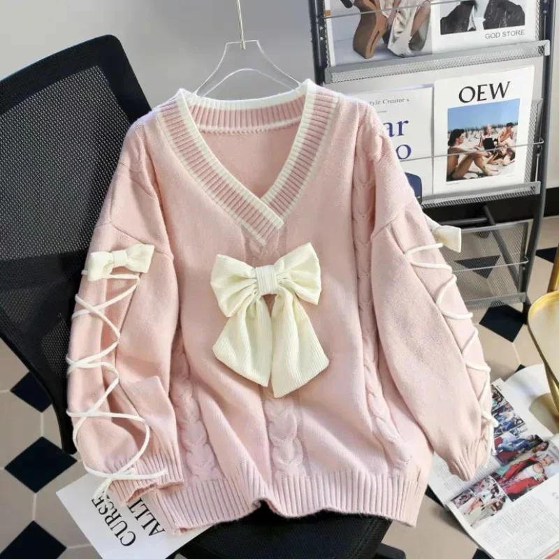 Bowknot Y2k Sweater New Lace Up Oversize Cute Sweet Vneck Loose Knit Sweater Fashion Colour Matching Playful Lazy Style Knitwear