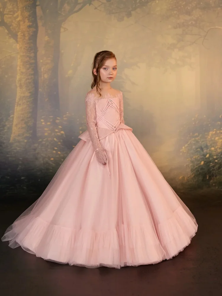 Vintage Pink Off‑Shoulder Flower Girl Dress Long Lace Sleeves Corset Design Ruffled Hem Floor‑Sweeping Wedding Pageant Birthday