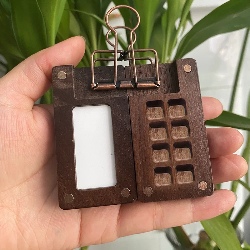 8 Grids 0.5ML Portable Travel Wooden Black Walnut Paint Box, Handmade Schmincke Watercolor Mini Paint Palette Tray With Clips