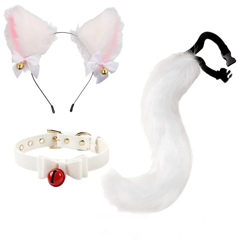 3 pçs/set pele macia raposa cauda orelhas de gato headwear laço sino colar cosplay traje lobo therian conjunto feminino festa de halloween accessori