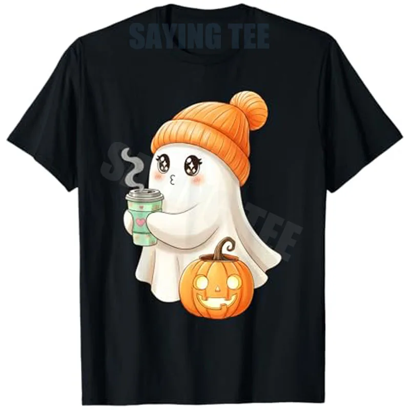 Cute Ghost Drinking Coffee Halloween Ghost Ice Coffee Woman T-Shirt Y2k Art Funny Spooky Season Apparel Aesthetic Clothes Tees